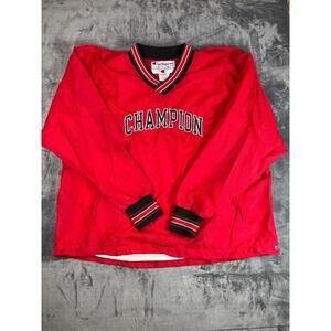 VTG Champion Windbreaker Jacket Men’s Sz XL Red‎ Pullover Nylon Pockets Spellout